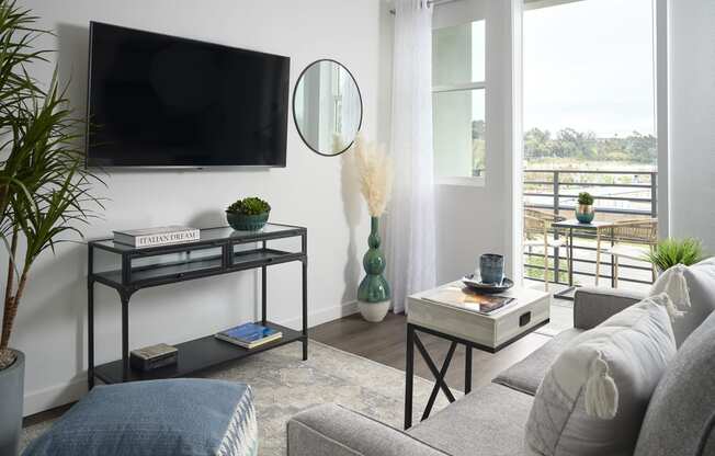 a living room with a couch and a television