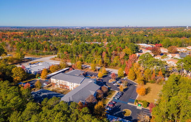 An aerial view of a parking lot and a building surrounded by trees.