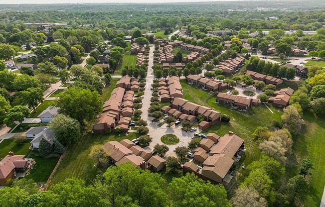 arial view of a neighborhood with green grass and trees
