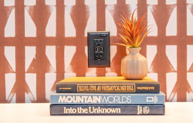 A stack of books with a small potted plant and a black device on top.