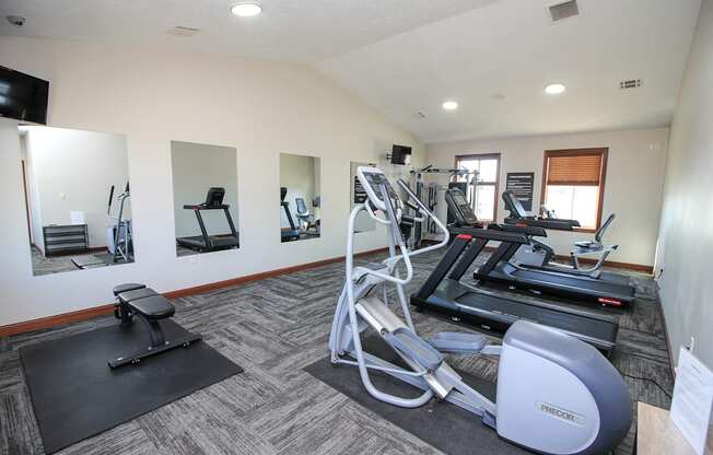 A gym with a treadmill, a stationary bike, a rowing machine, and a bench.