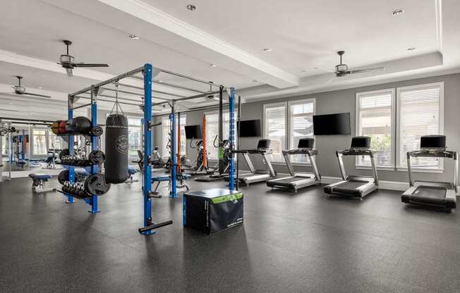 A gym with a variety of equipment including treadmills, weights, and a boxing ring.