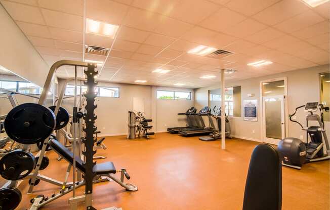 Clubhouse Gym with Free Weightsat Aviator at Brooks Apartments, Clear Property Management, Texas, 78235