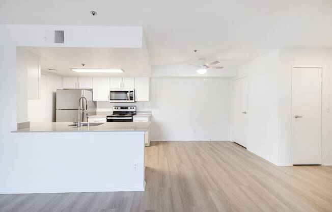 a kitchen and living room in an apartment