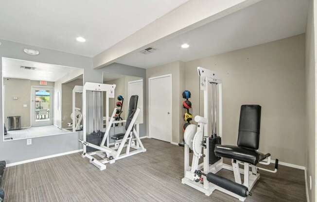 A well-equipped home gym with a variety of exercise machines.