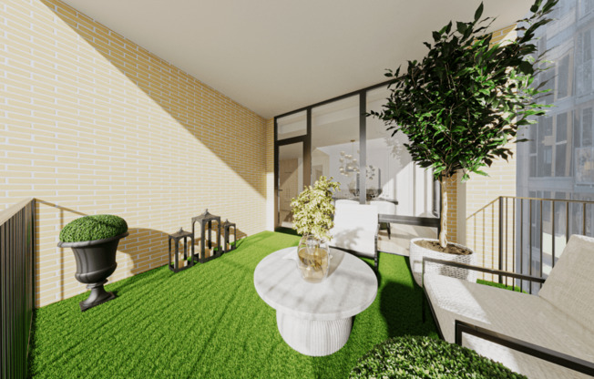 a living room with a green rug and a balcony at Chateau on Wells, Chicago