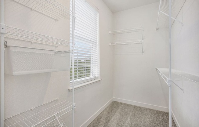 A white walk-in closet with shelves and a window with blinds at Meadowbrooke Apartment Homes in Kentwood, MI 49512
