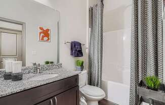 A bathroom with a toilet, sink, and shower curtain.