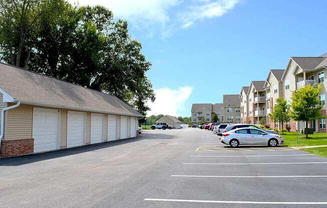 parking lot with single story garages