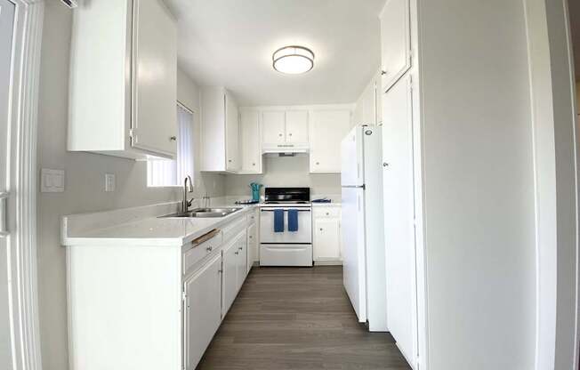 a white kitchen with white cabinets and a wood floor