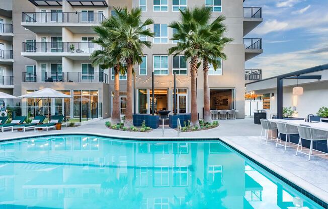 Modera Pomona offers a resort-style pool with a lounge area, seating, and palm trees for ultimate relaxation.