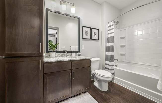 a bathroom with a shower toilet and sink and a mirror