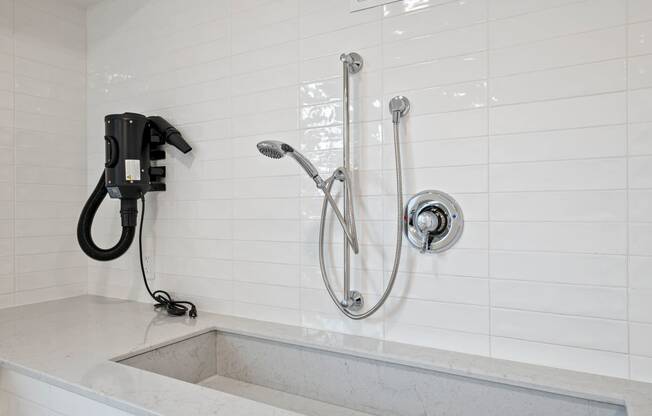 a bathroom with a shower and a sink