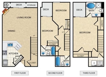 three layouts of a floor plan with two bedrooms and two baths at Warner Center Townhomes, Canoga Park California