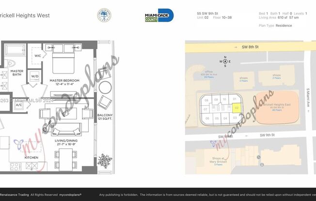 1 bed, 1 bath, 609 sqft, $3,200, Unit 55 SW 9th St # 12-02 (A11678263)