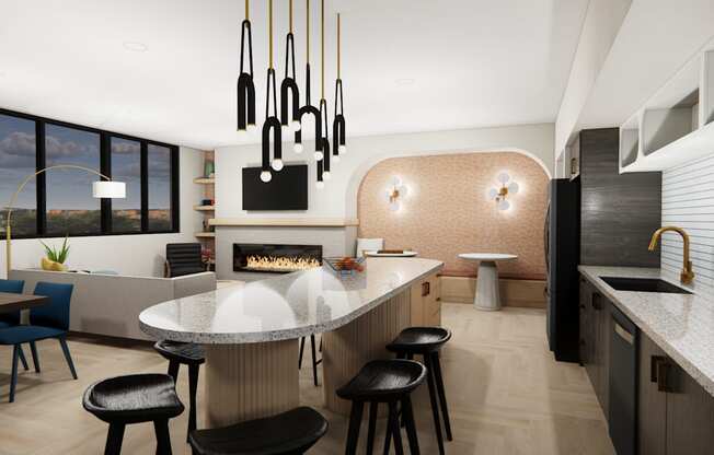 a kitchen with a marble counter top and a fireplace