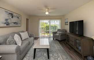 A living room with a grey couch, a coffee table, and a television.