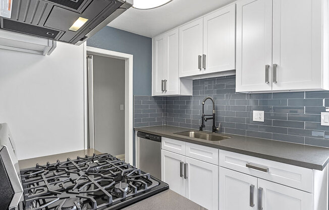 Kitchen with blue tile backsplash and stainless steel Stove, Oven, and fixtures.