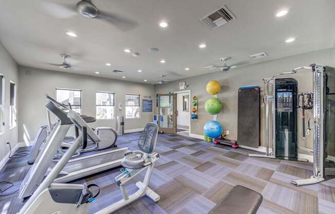 A gym with treadmills, exercise balls, and weight machines.