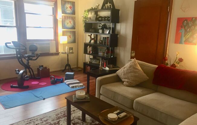 Huge One Bedroom with great light!  Newly remodeled with wood floors, large kitchen, full-size appliances, private vanity room, and new bathroom. Great living in the Miracle Mile.