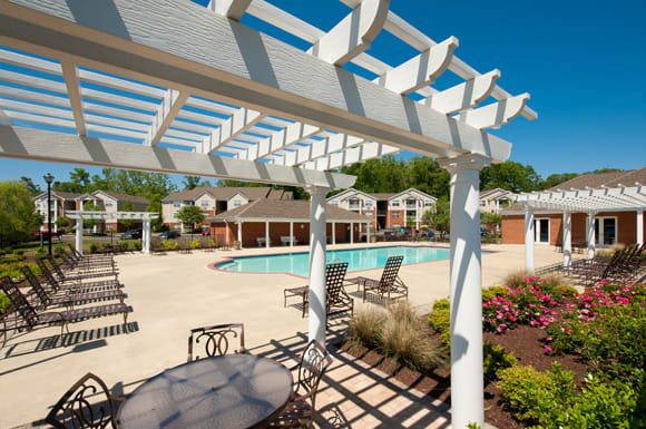 Pergola, tables and chairs overlooking swimming pool and floral landscaping