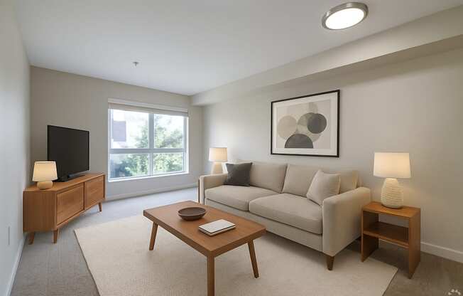 A living room with a couch, a coffee table, and a television.