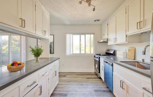 a kitchen with white cabinets and a blue dishwasher