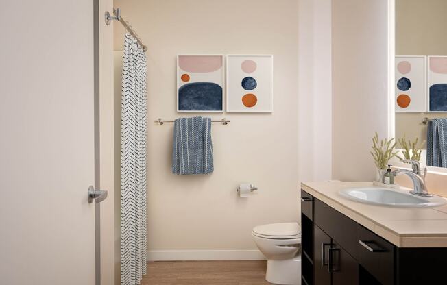 a bathroom with a shower curtain and a sink and a toilet