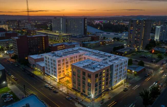 The Warren Apartments building aerial view at night