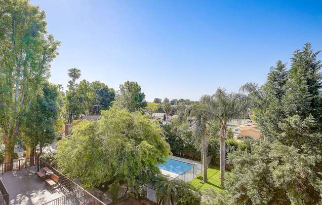 a view of the backyard with a pool and trees