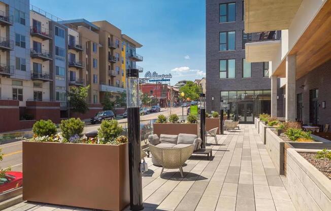 There's plenty of outdoor space to enjoy at Modera LoHi, like this outdoor patio just above street level.