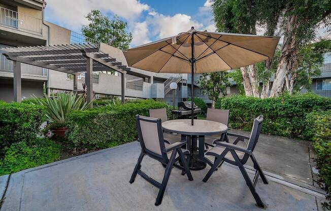 A patio with a table and chairs under an umbrella.