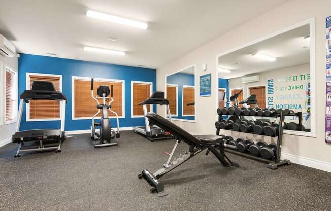 a gym with weights and exercise equipment in a room with blue walls