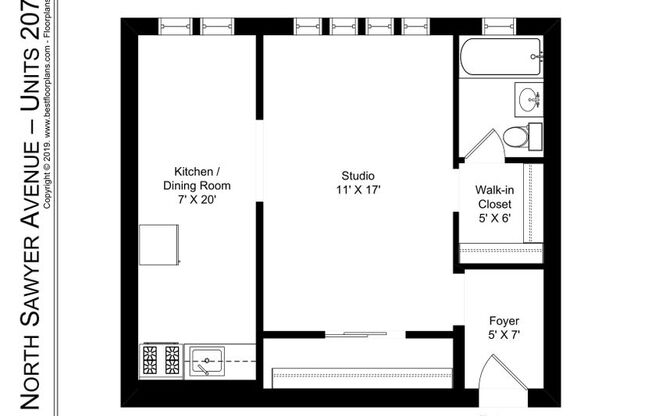 Studio, 1 bath, 541 sqft, $1,550, Unit Sawyer-207