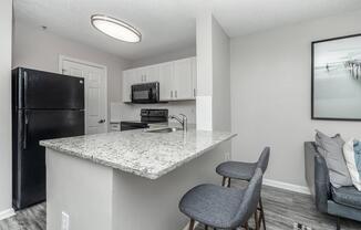 a bedroom with a large mirror