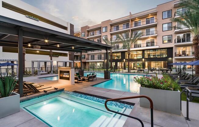 A sleek mix of cabanas, loungers, and a resort-inspired pool with spa and fire features creates the perfect outdoor escape at Modera Kierland.