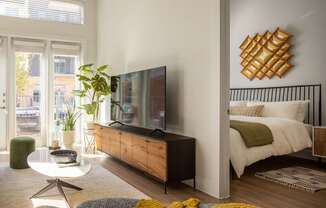 A modern bedroom with a large bed and a flat screen TV.