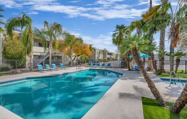 A swimming pool surrounded by palm trees and lounge chairs.