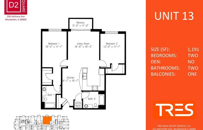 2 beds, 2 baths, 1,191 sqft, $2,450, Unit 513