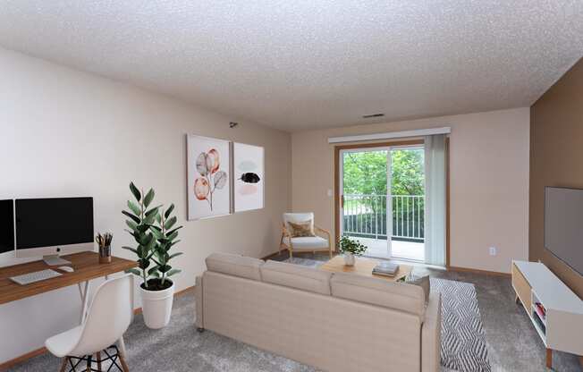 Living Room with Couches, TV and Work Desk