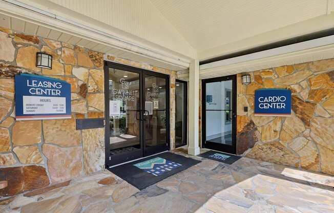 The entrance to the leasing office and cardio center at Gwinnett Square Apartments in Duluth, GA
