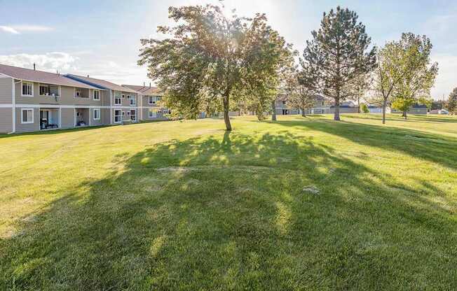 Community lawn with trees and blue skies at Shiloh Glen Apartments in Billings, MT