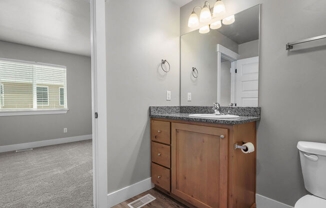 a bathroom with a sink and a toilet and a mirror