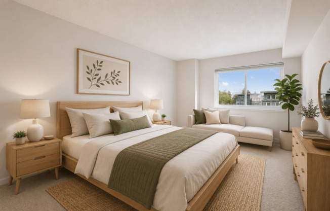 A bedroom with a large bed and a window overlooking a building.
