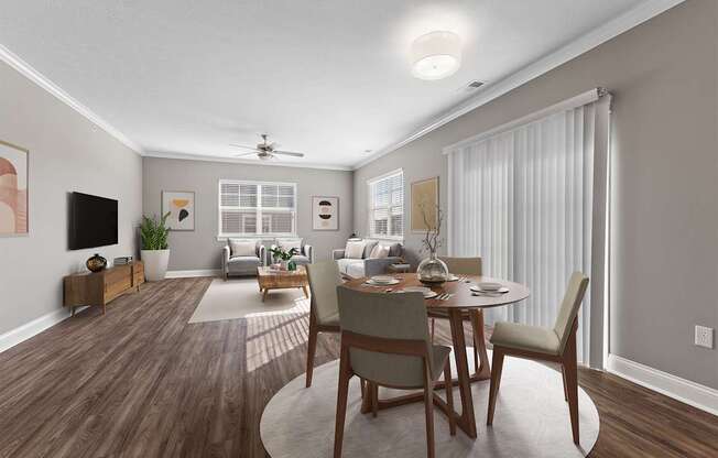 A modern dining room with a wooden table and chairs.