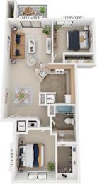 2 beds, 1 bath, 890 sqft, $1,522