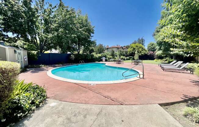 a backyard pool with trees and a blue fence around it