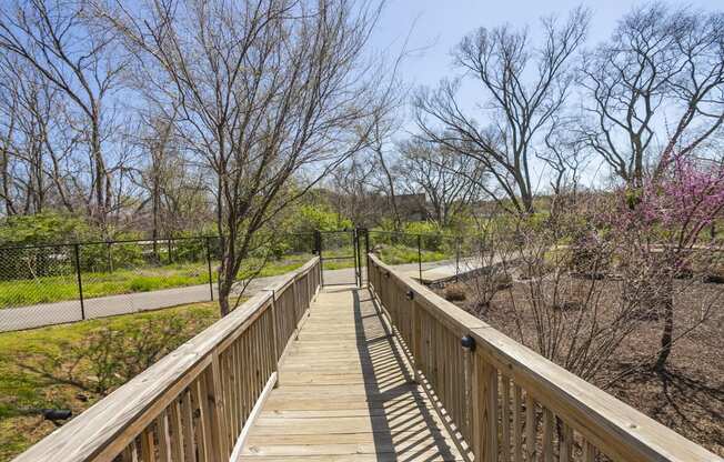 a wooden bridge with trees on both sides