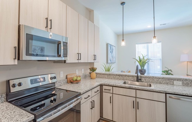 Dog-Friendly Apartments In Hermitage, TN - Kitchen With Stainless Steel Appliances, Granite Countertops, Hardwood Inspired Flooring, European-Style Cabinetry, And Built-In Microwave.