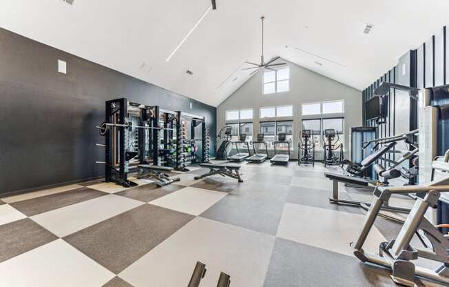 a gym with weights and cardio equipment in a building with windows  at Plat 4 at Research Triangle, North Carolina, 27703
